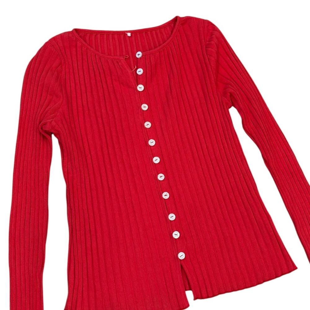 Free People Bright Red Ribbed Button-Front Cardigan - Picture 3 of 7